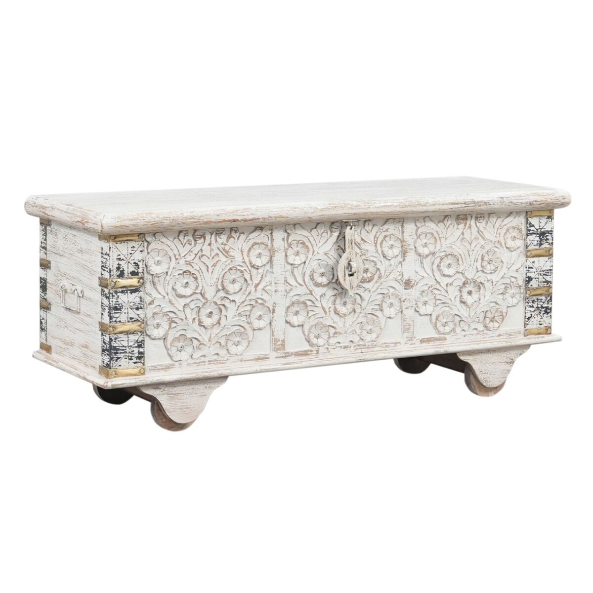 Cassapanca in legno massello stile boho vintage, 116 cm