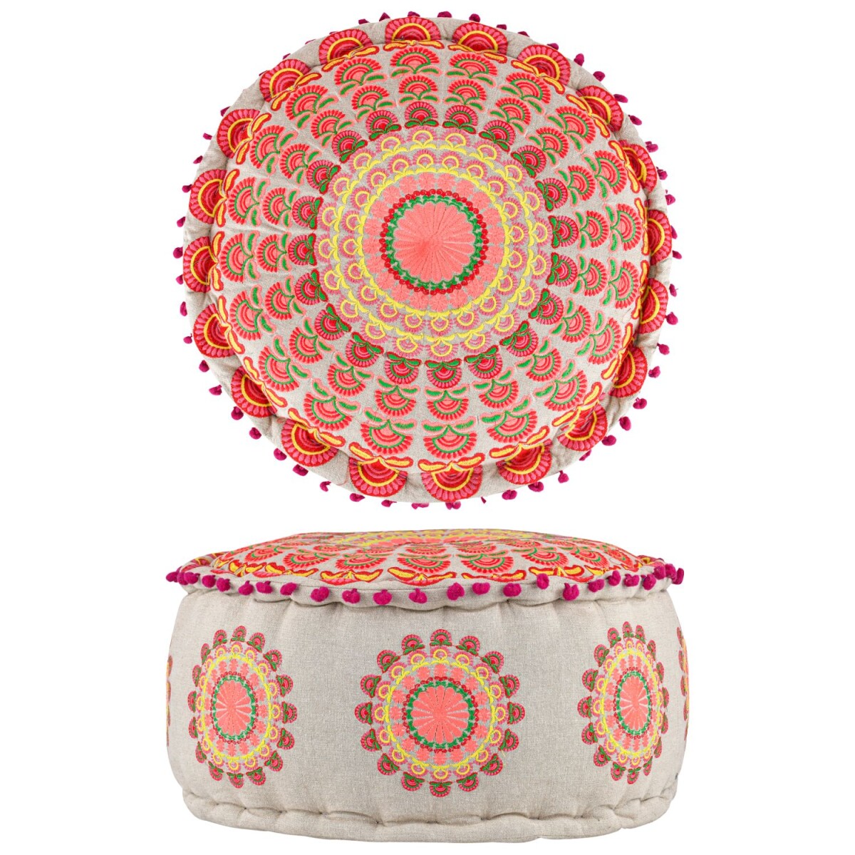 Pouf Garet Orange | Pouf rotondo in cotone ricamato 50x25 cm