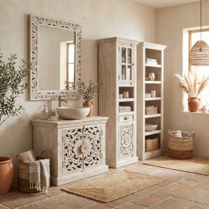 Specchio da parete Kirpal bianco in stile orientale,...