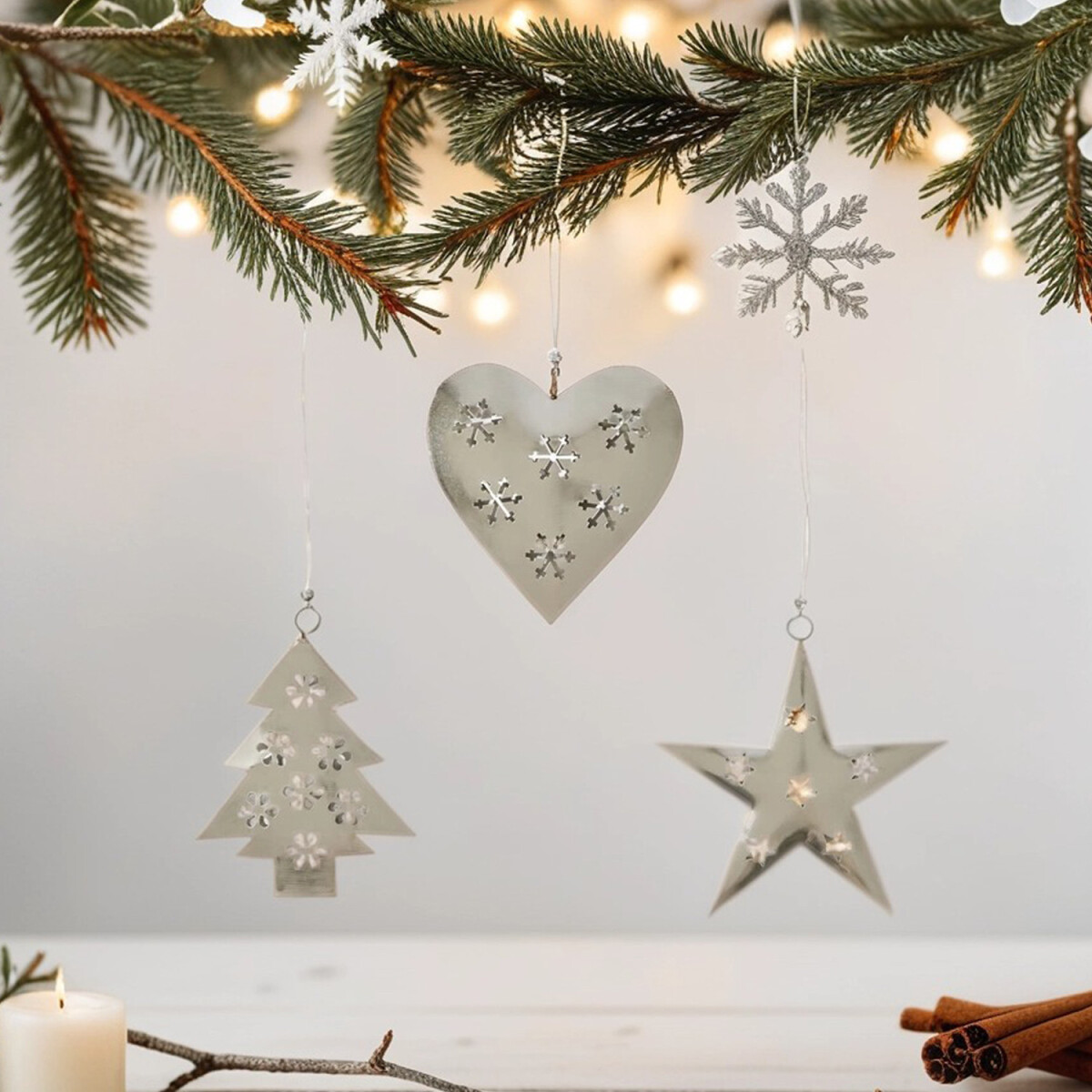 Set da 3 decorazioni natalizie da appendere, argento