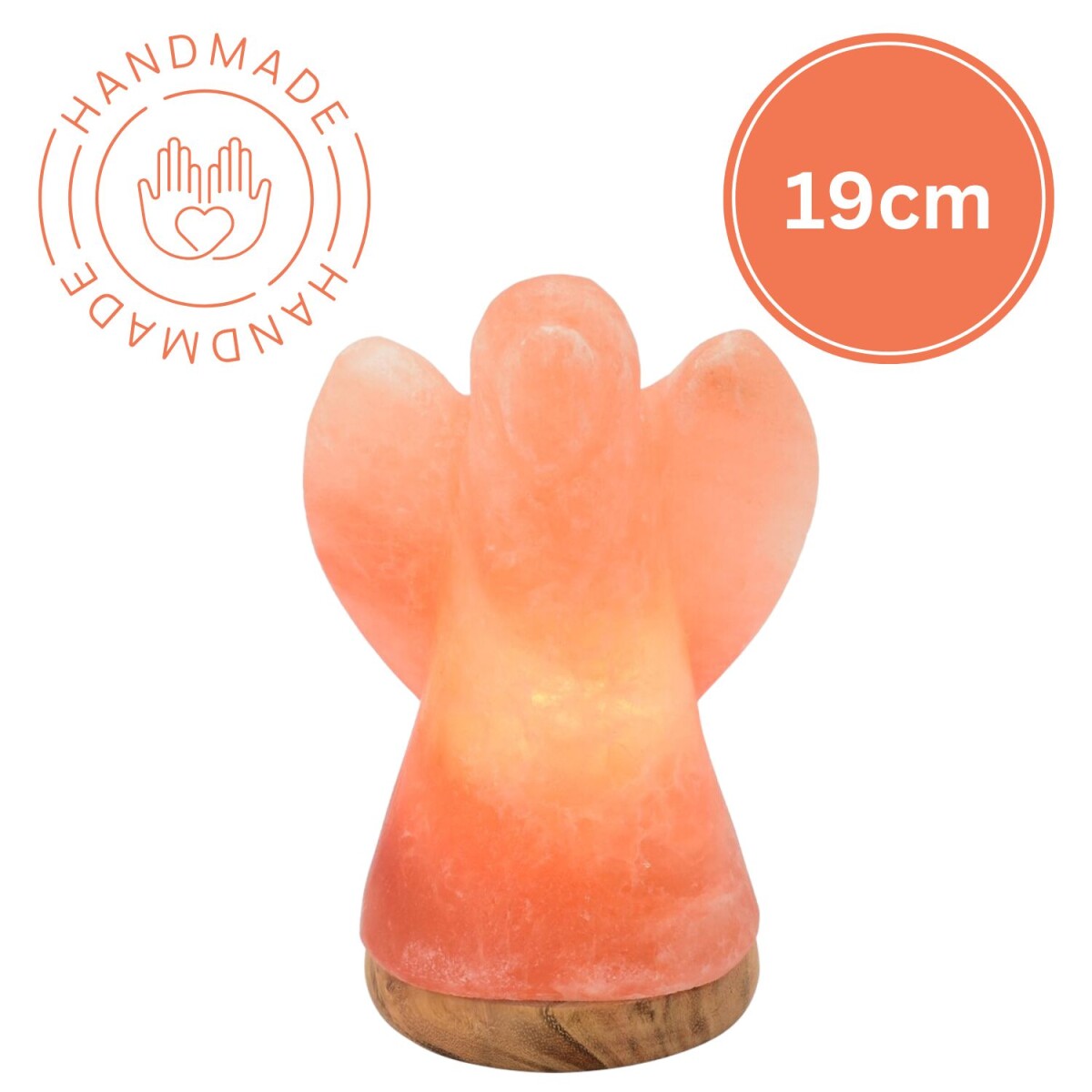 Cristallo di sale illuminato ANGELO 19 cm con base in legno,