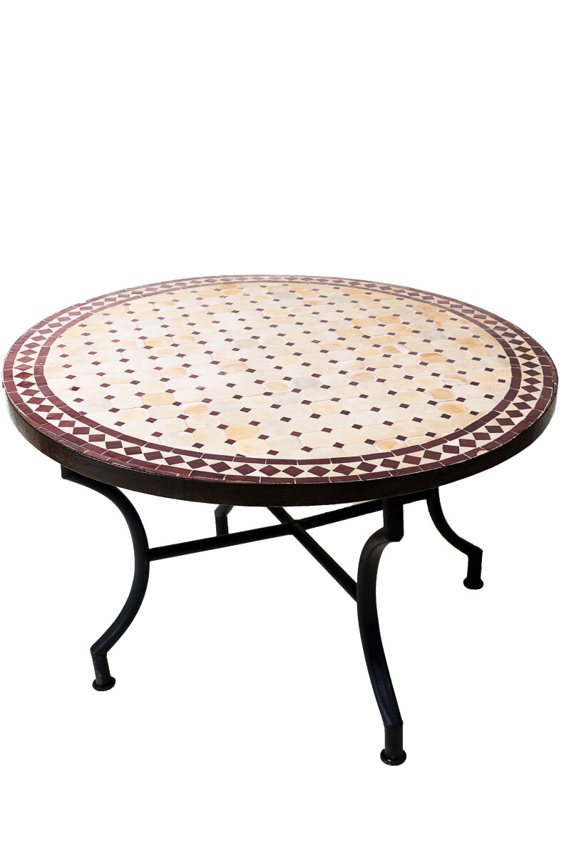 Tavolino marocchino a mosaico Marrakech, beige e bordeaux, &